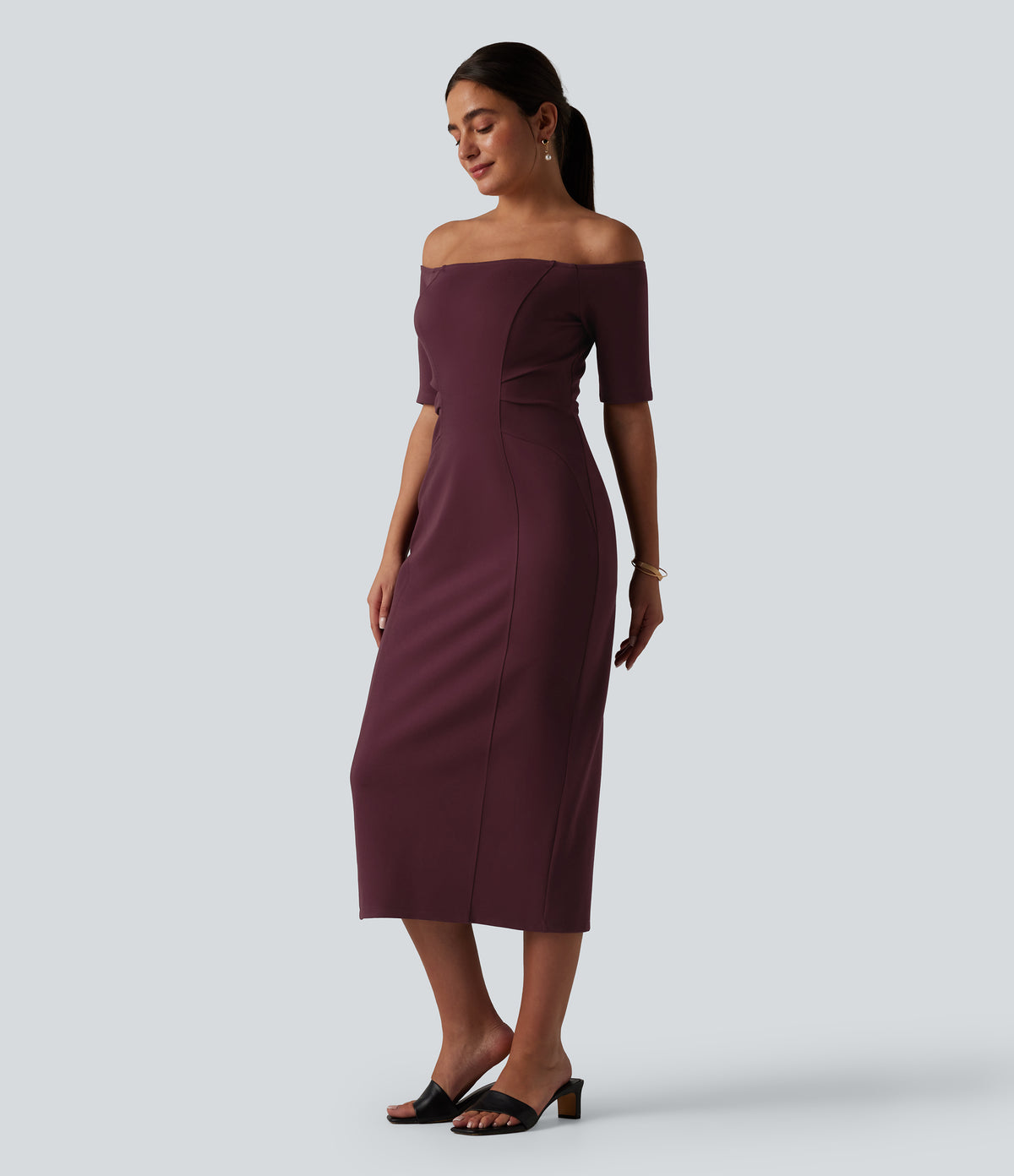 Off Shoulder Short Sleeve Bodycon Midi Dress — Deep Crimson — view 3