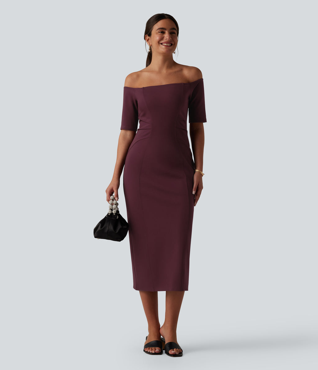 Off Shoulder Short Sleeve Bodycon Midi Dress — Deep Crimson — view 8