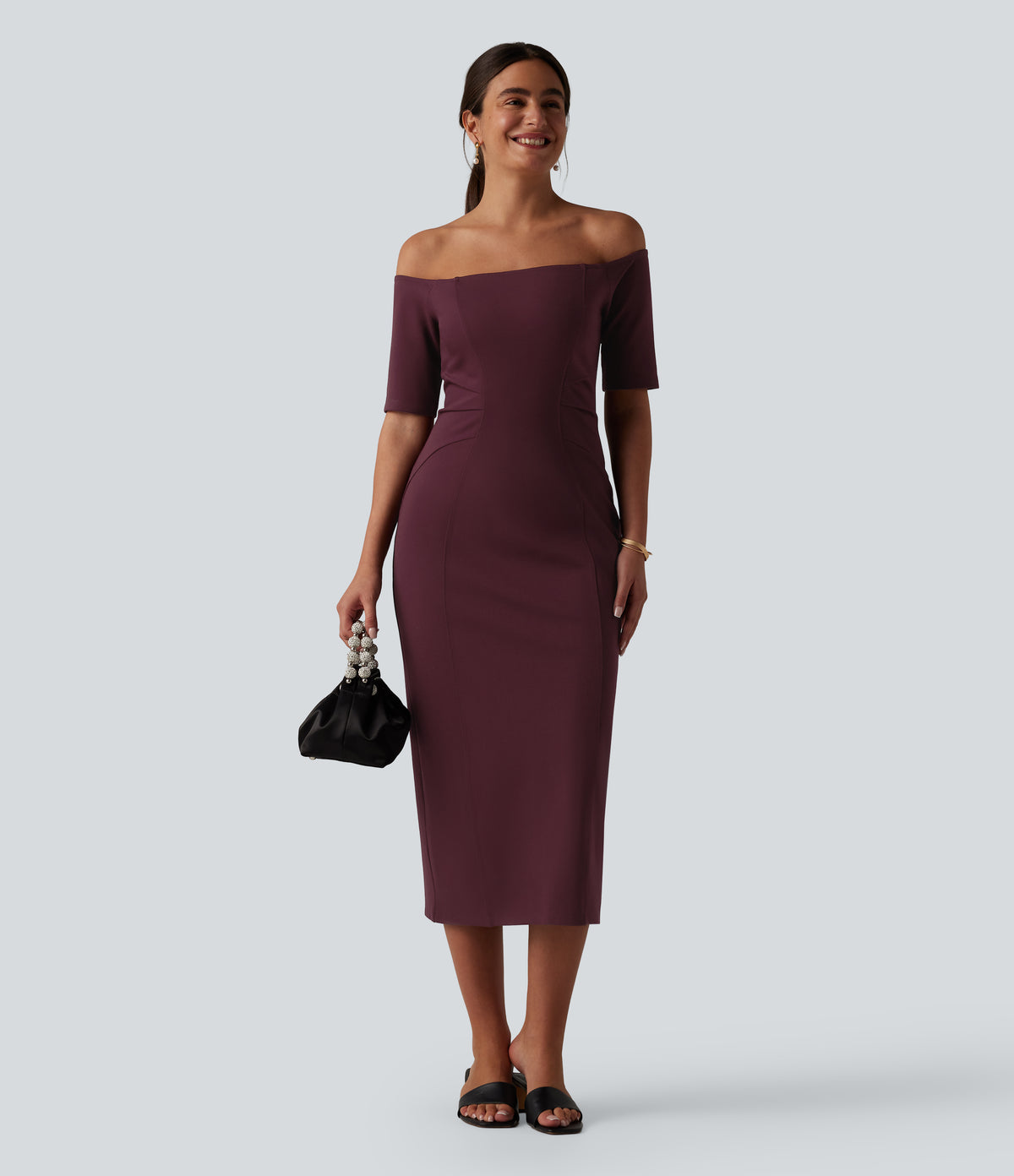 Off Shoulder Short Sleeve Bodycon Midi Dress — Deep Crimson — view 8
