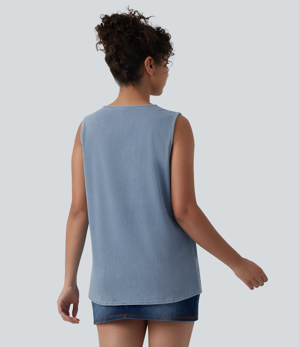 V Neck Denim Casual Tank Top — Malibu Blue Denim — view 2