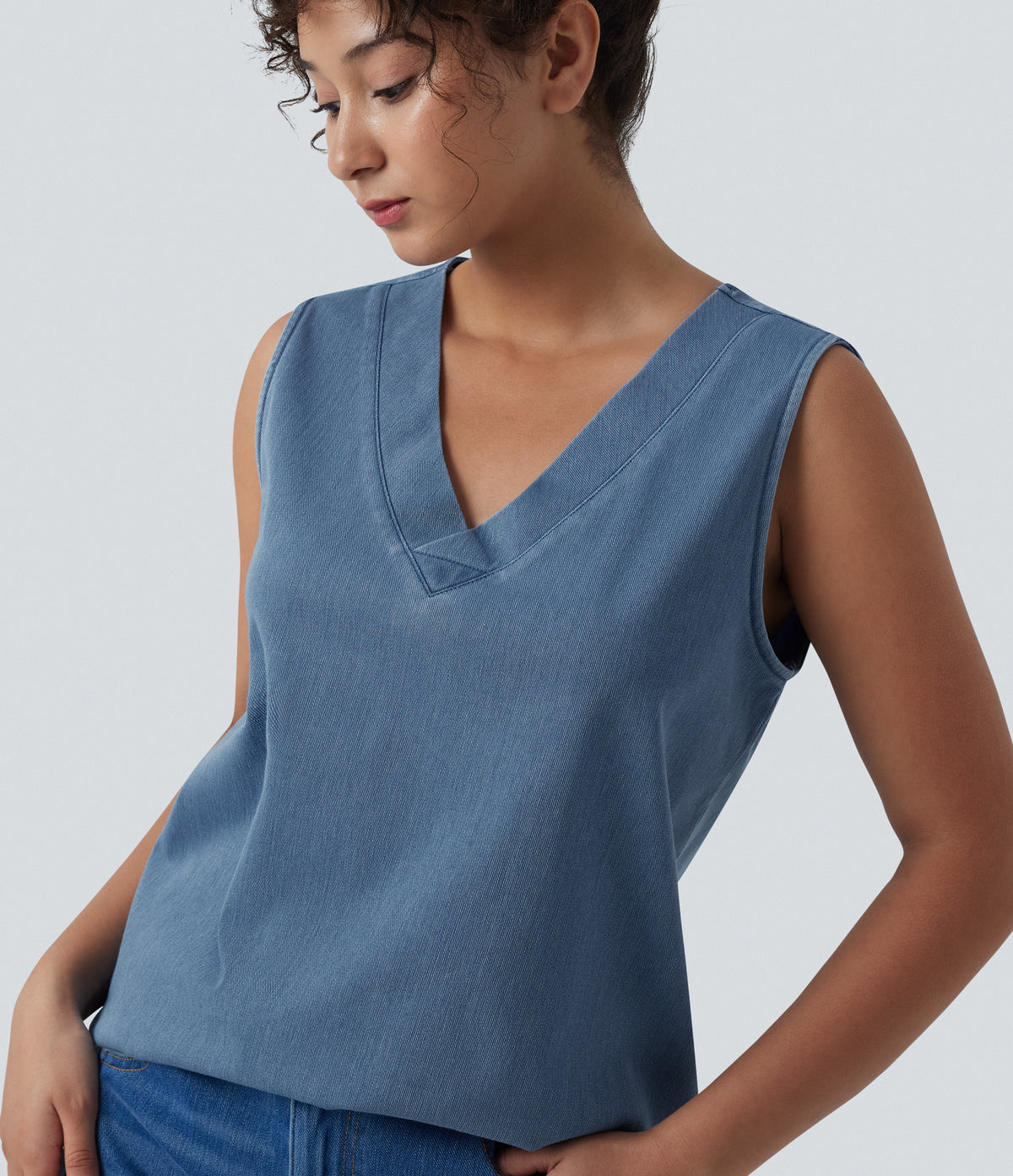 V Neck Denim Casual Tank Top — Blue Jasper Denim — view 7