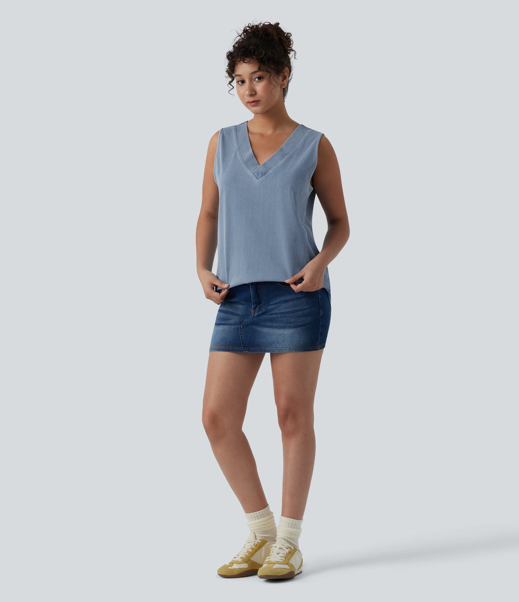 V Neck Denim Casual Tank Top — Malibu Blue Denim — view 6