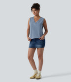 V Neck Denim Casual Tank Top — Malibu Blue Denim — view 6