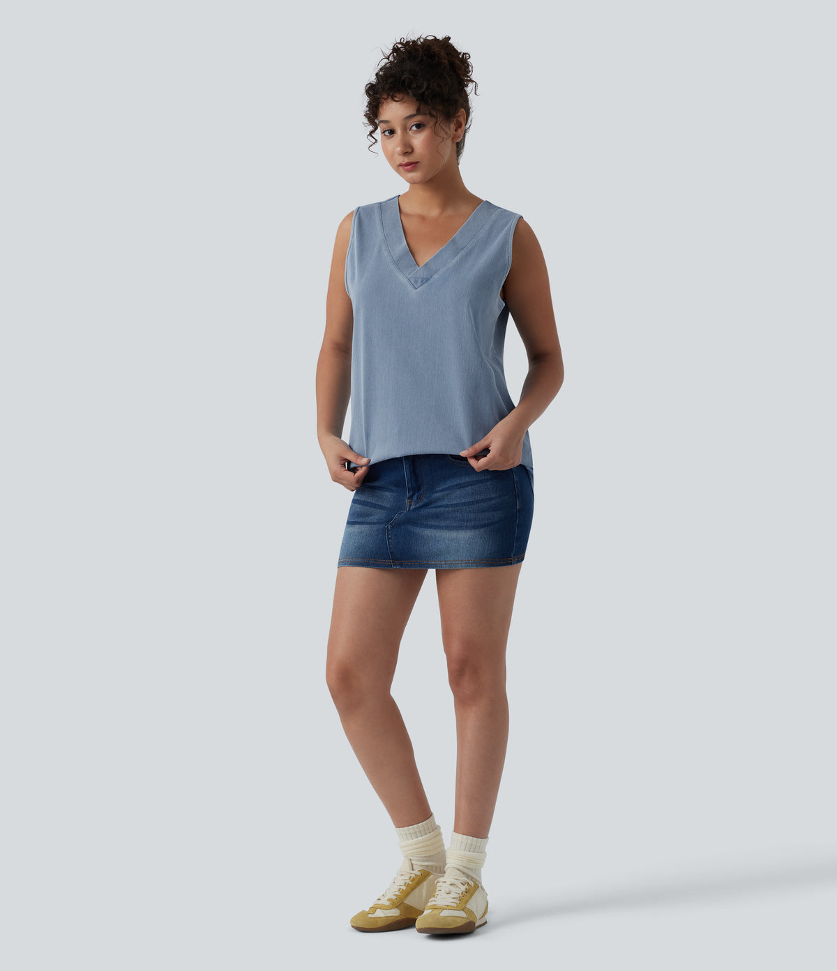 V Neck Denim Casual Tank Top — Malibu Blue Denim — view 6