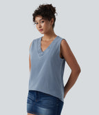 V Neck Denim Casual Tank Top — Malibu Blue Denim — view 4