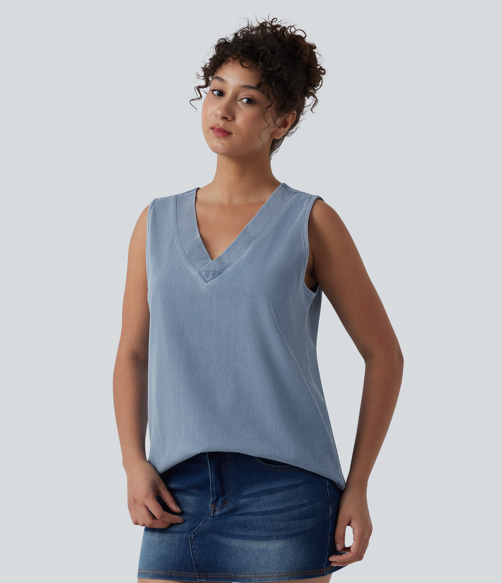 V Neck Denim Casual Tank Top — Malibu Blue Denim — view 3