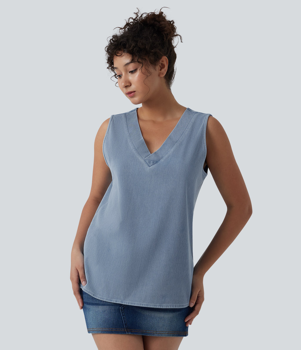 V Neck Denim Casual Tank Top — Malibu Blue Denim — view 5