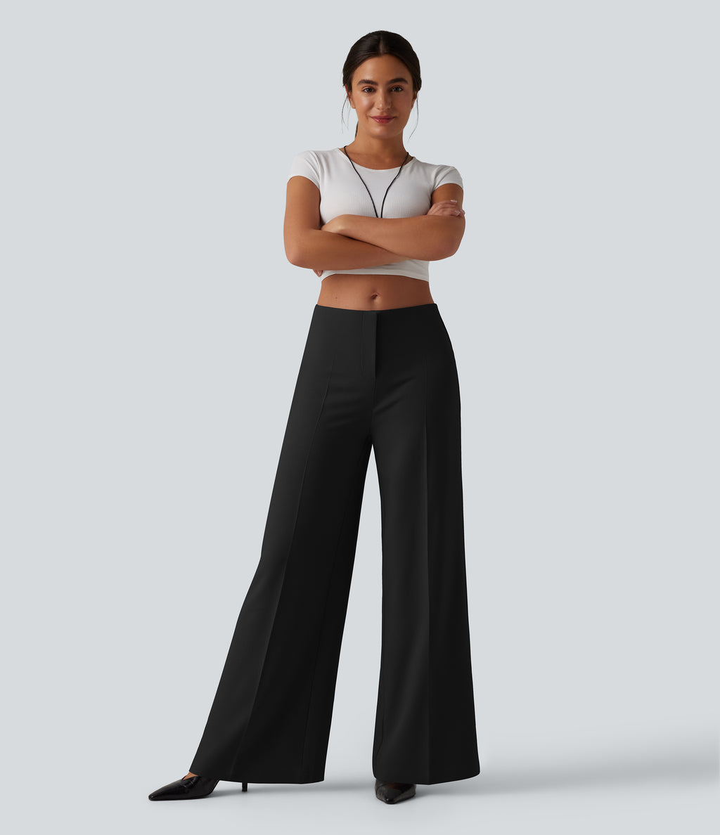 Low Rise Wide Leg Work Tailored Trousers with Pockets — Black — view 6