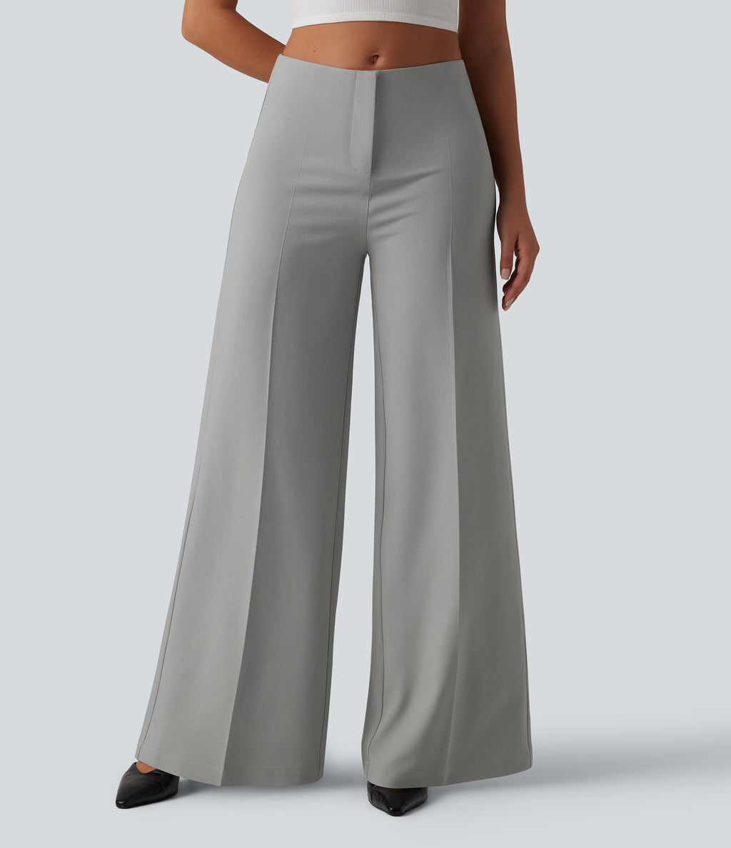 Low Rise Wide Leg Work Tailored Trousers with Pockets — Drizzle — view 4