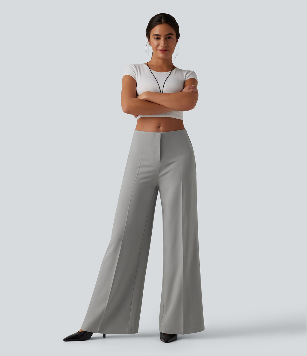Low Rise Wide Leg Work Tailored Trousers with Pockets — Drizzle — view 1