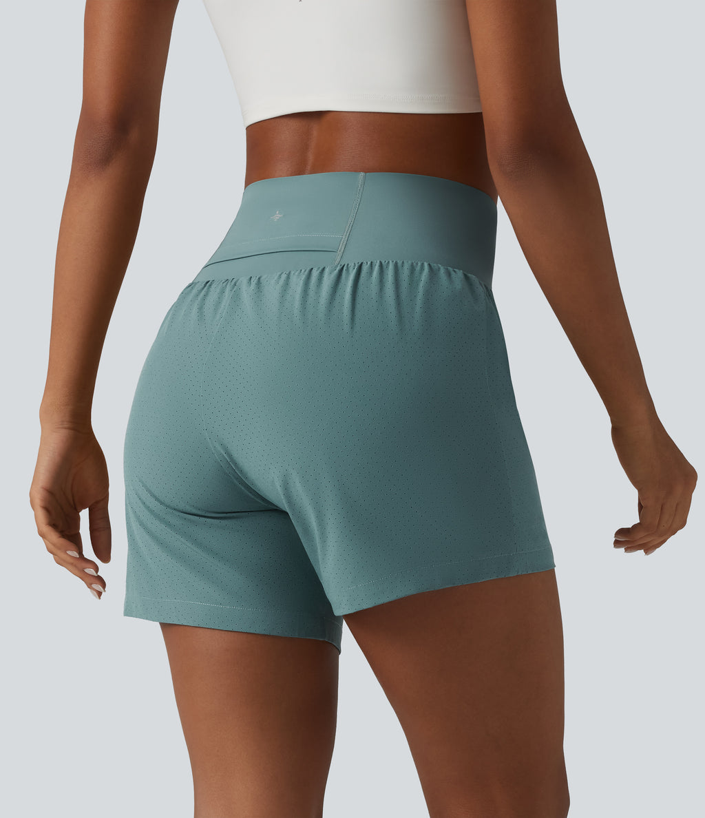 Super High Waisted Tummy Control 2-in-1 Quick Dry Yoga Shorts 5'' with Pockets — Stone Blue — view 4