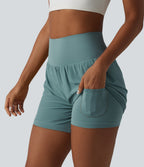 Super High Waisted Tummy Control 2-in-1 Quick Dry Yoga Shorts 5'' with Pockets — Stone Blue — view 6