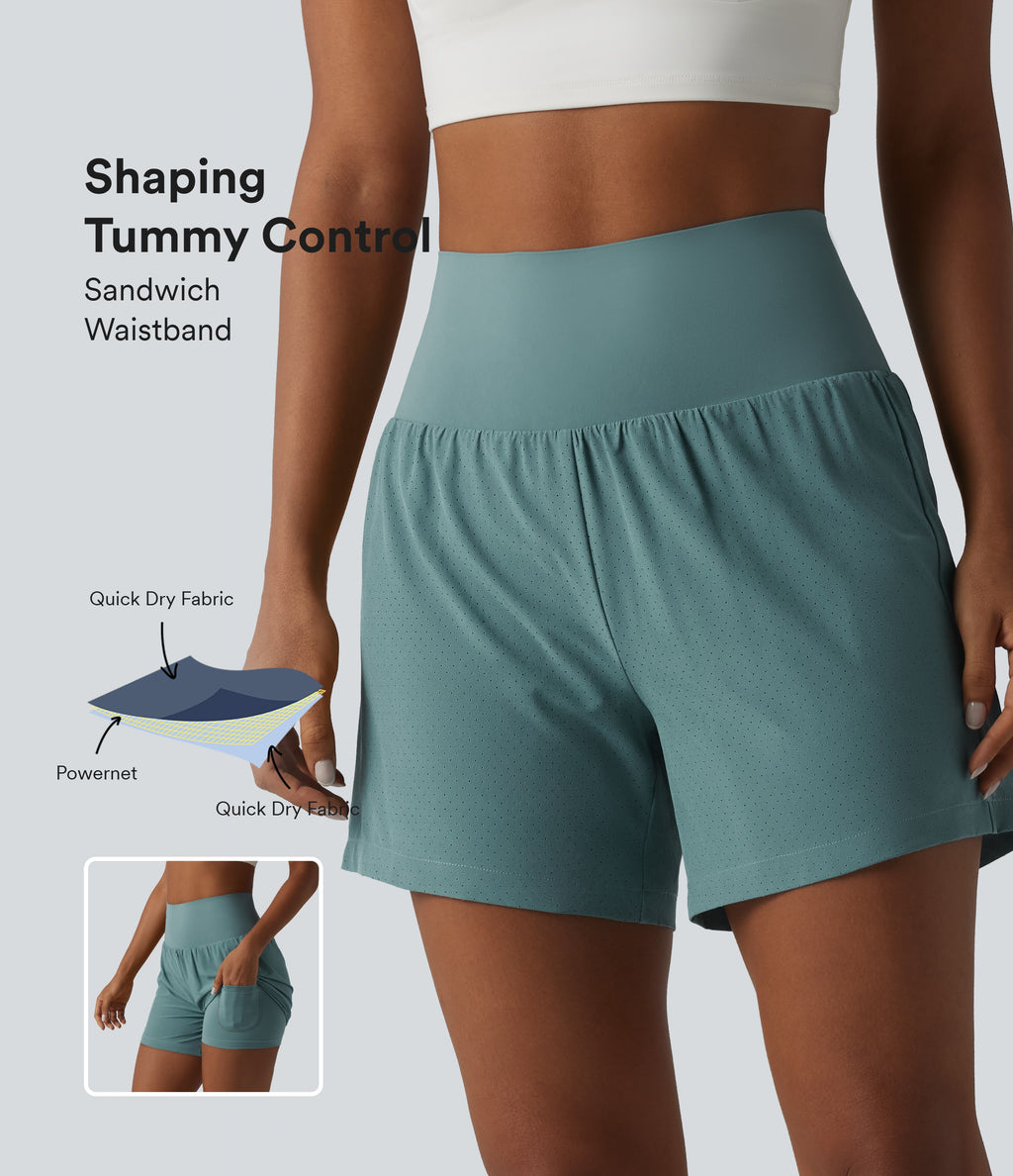 Super High Waisted Tummy Control 2-in-1 Quick Dry Yoga Shorts 5'' with Pockets — Stone Blue — view 1