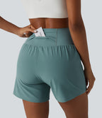 Super High Waisted Tummy Control 2-in-1 Quick Dry Yoga Shorts 5'' with Pockets — Stone Blue — view 7