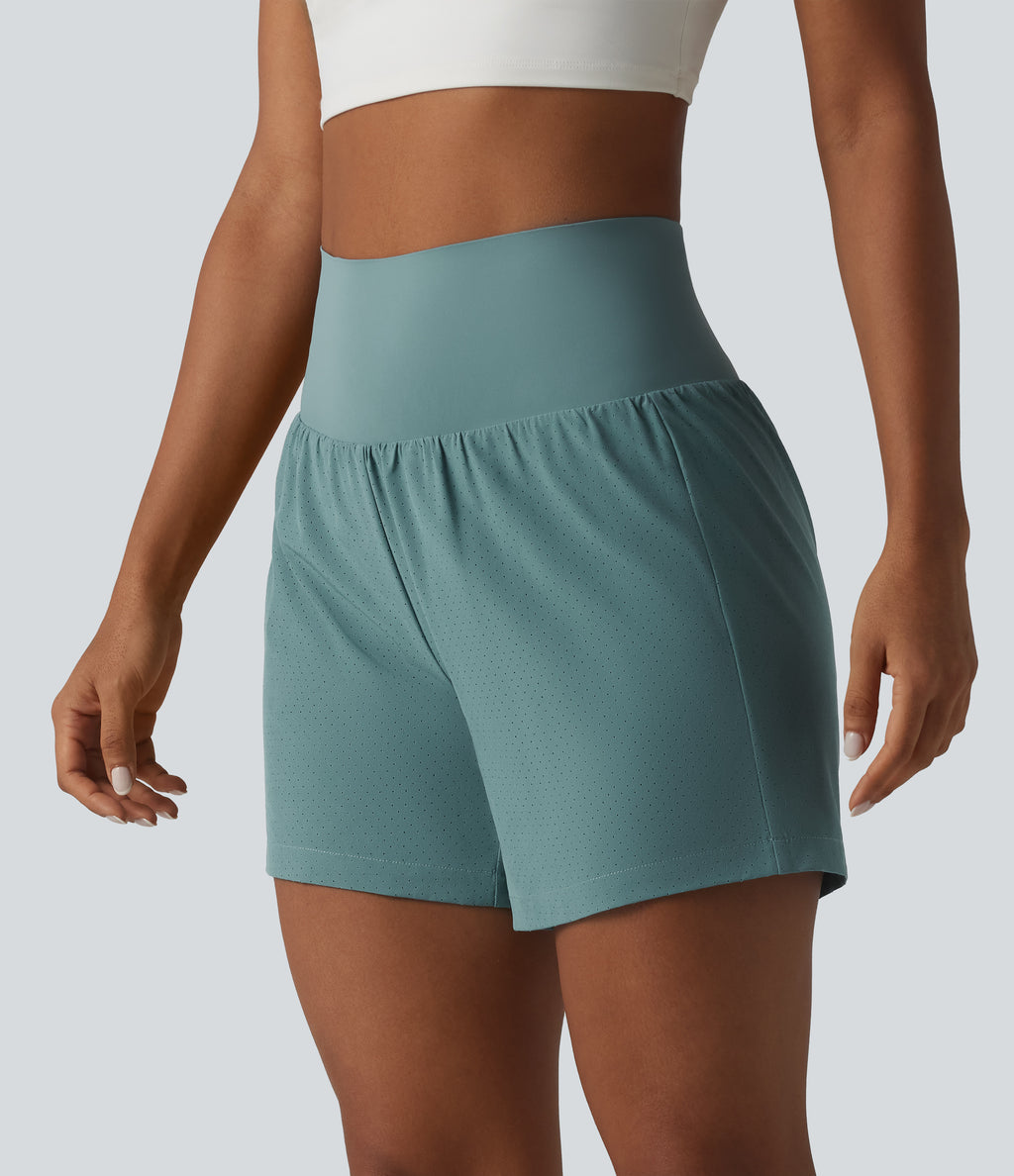 Super High Waisted Tummy Control 2-in-1 Quick Dry Yoga Shorts 5'' with Pockets — Stone Blue — view 3