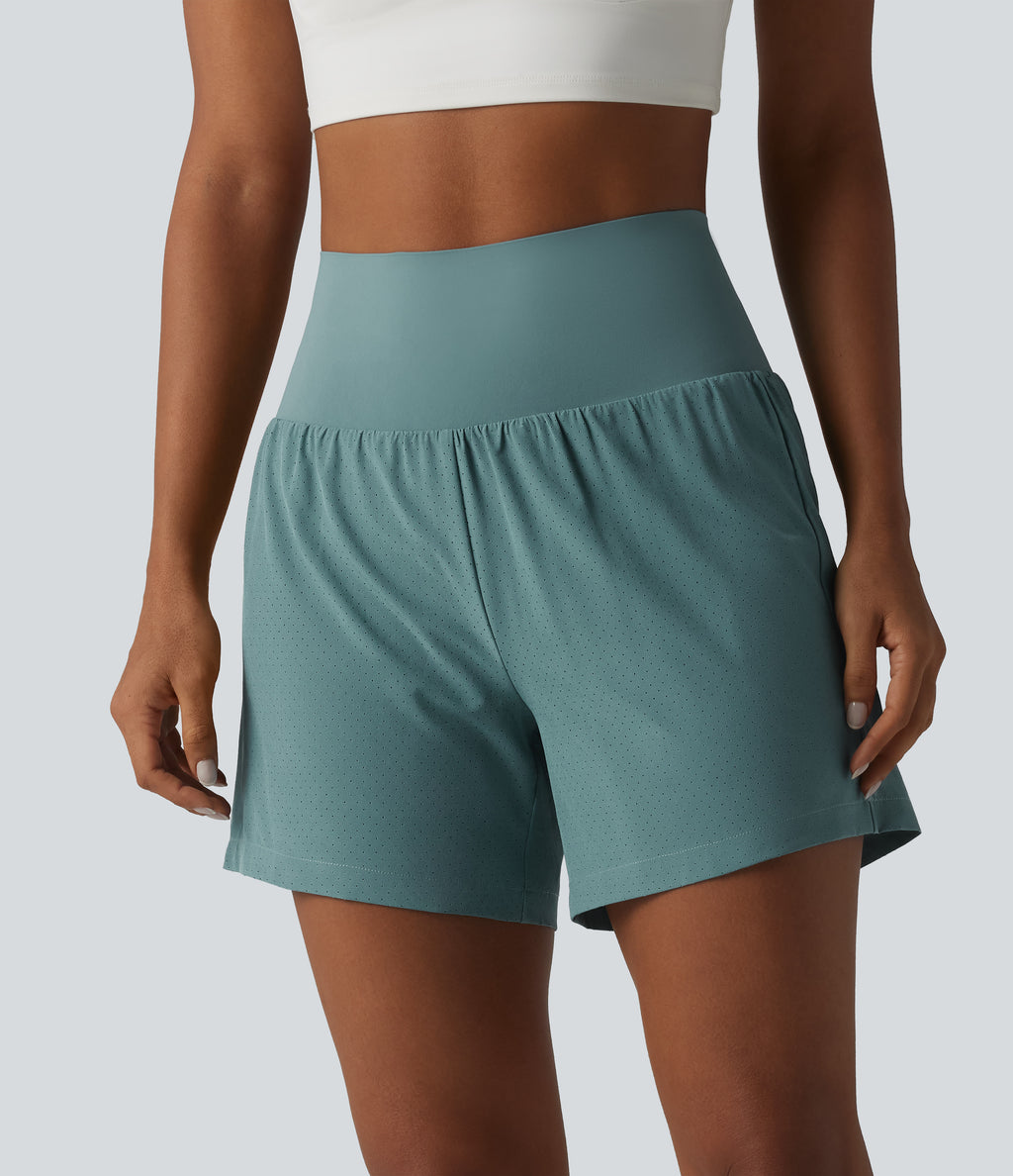 Super High Waisted Tummy Control 2-in-1 Quick Dry Yoga Shorts 5'' with Pockets — Stone Blue — view 5