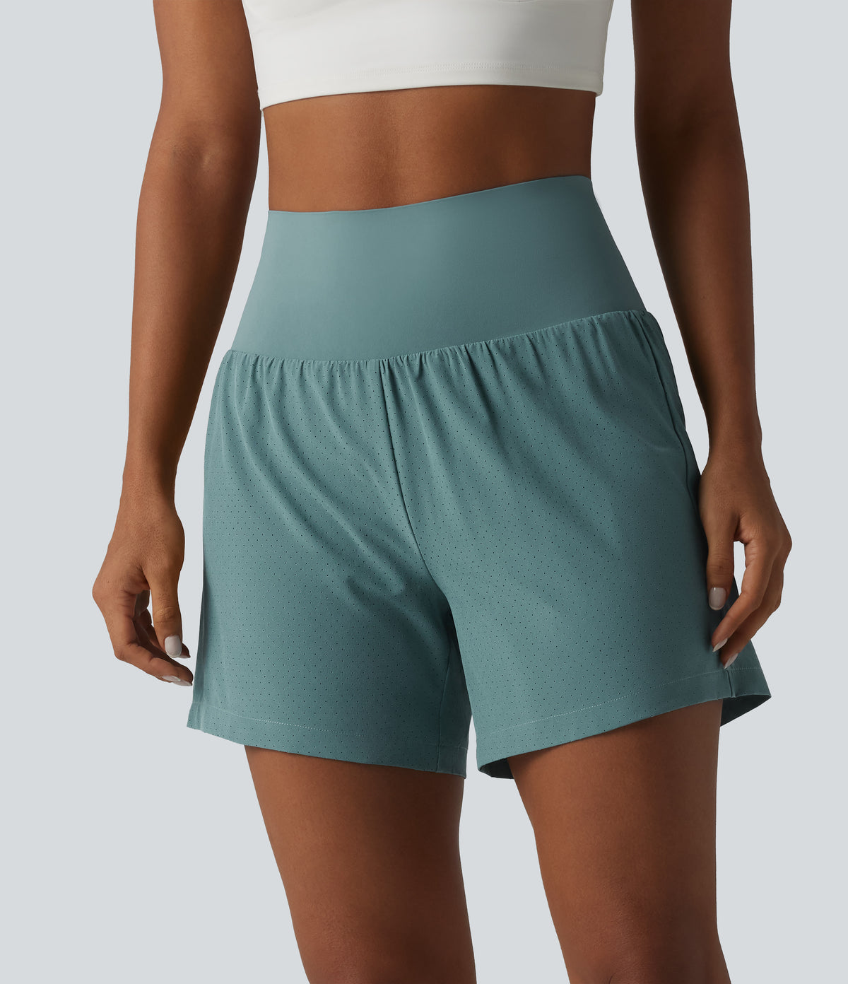 Super High Waisted Tummy Control 2-in-1 Quick Dry Yoga Shorts 5'' with Pockets — Stone Blue — view 5