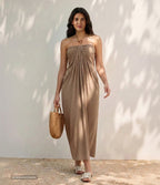 Halter Tie Back Built-in Bra Maxi Resort Linen-Feel Dress with Pockets — Praline — view 1