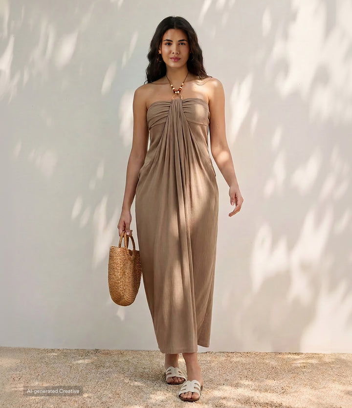 Halter Tie Back Built-in Bra Maxi Resort Linen-Feel Dress with Pockets — Praline — view 1
