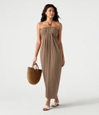Halter Tie Back Built-in Bra Maxi Resort Linen-Feel Dress with Pockets — Praline — view 7