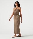 Halter Tie Back Built-in Bra Maxi Resort Linen-Feel Dress with Pockets — Praline — view 3