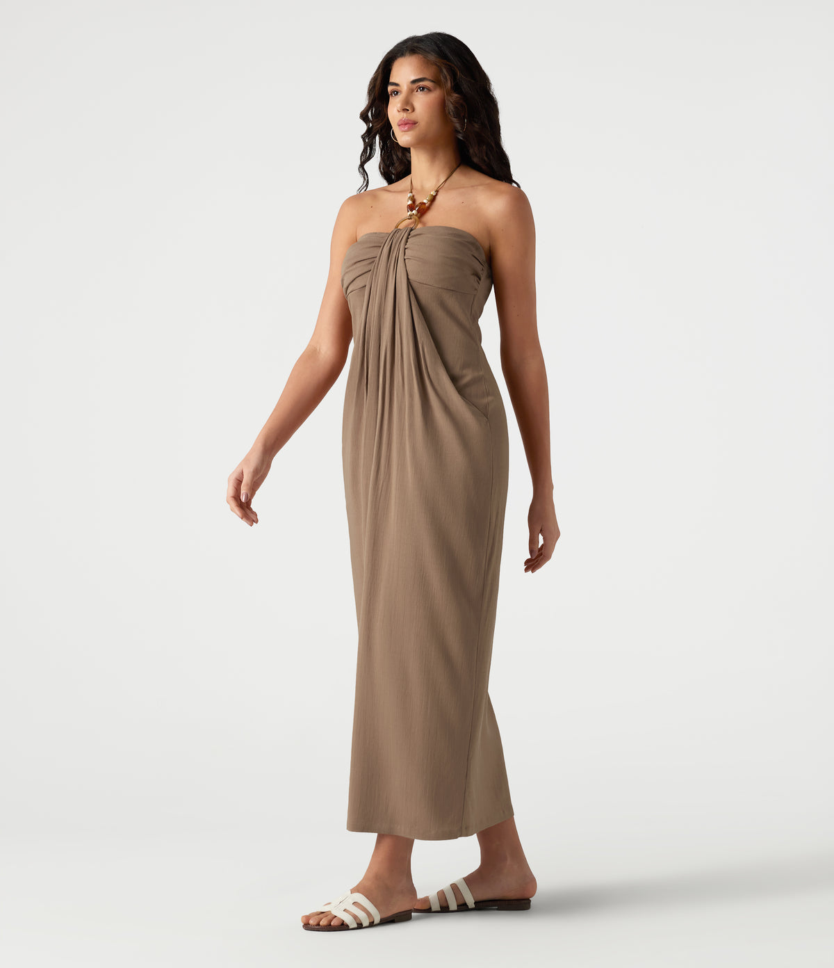 Halter Tie Back Built-in Bra Maxi Resort Linen-Feel Dress with Pockets — Praline — view 3