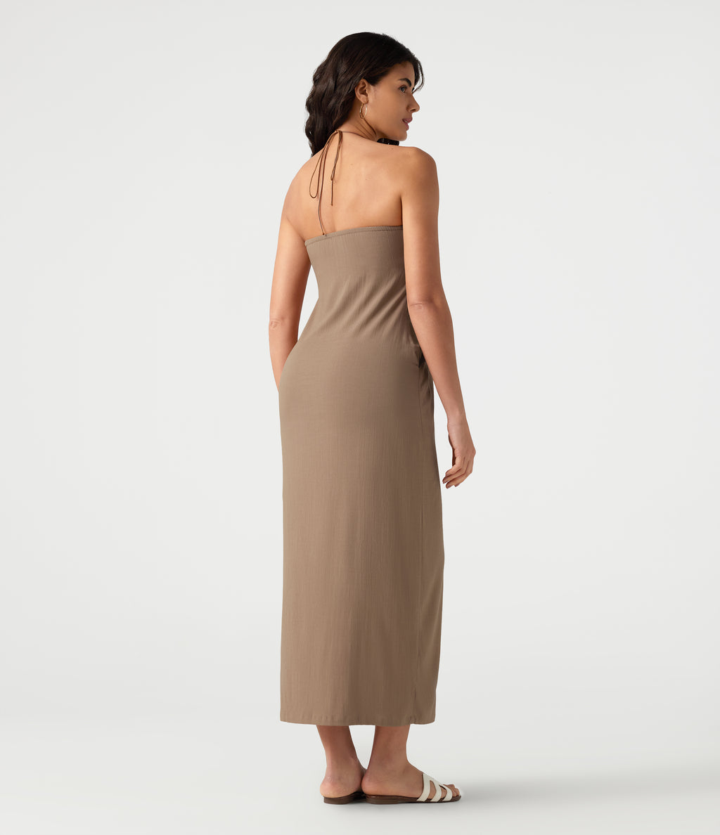 Halter Tie Back Built-in Bra Maxi Resort Linen-Feel Dress with Pockets — Praline — view 2