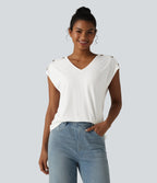V Neck Decorative Button Cap Sleeve Relaxed Casual T-Shirt — White — view 5