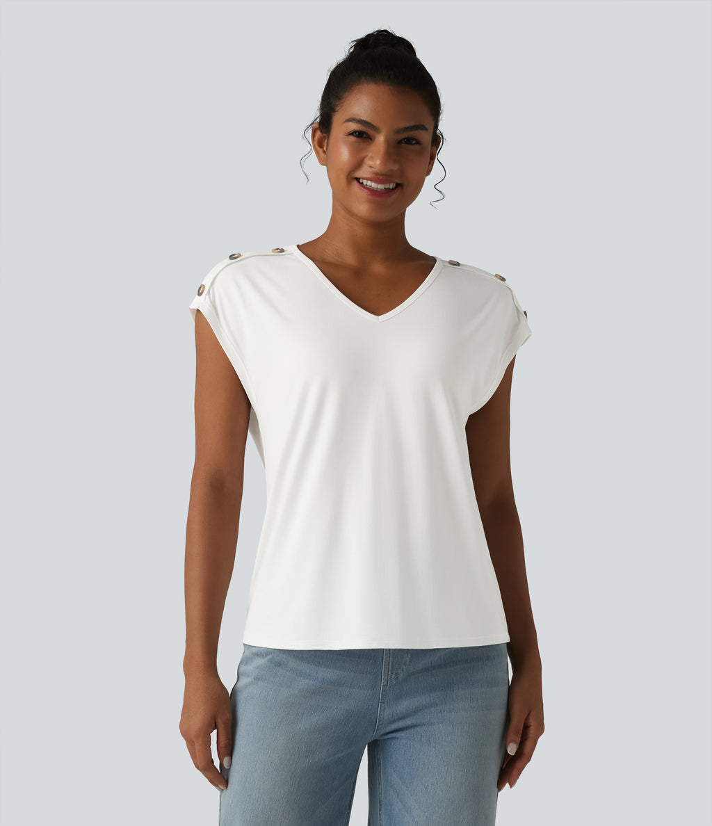 V Neck Decorative Button Cap Sleeve Relaxed Casual T-Shirt — White — view 6