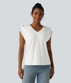 V Neck Decorative Button Cap Sleeve Relaxed Casual T-Shirt — White — view 6