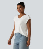V Neck Decorative Button Cap Sleeve Relaxed Casual T-Shirt — White — view 3