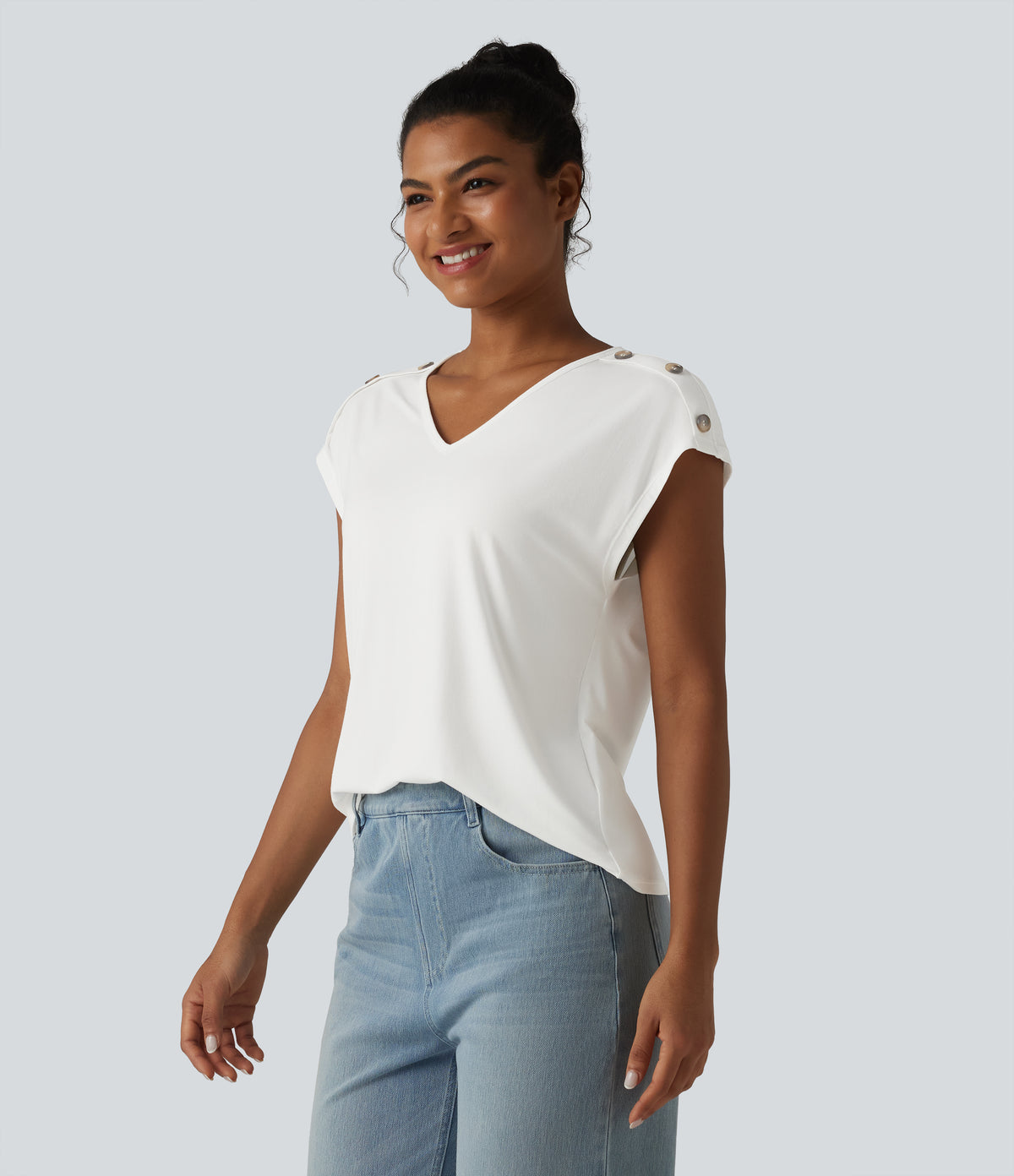 V Neck Decorative Button Cap Sleeve Relaxed Casual T-Shirt — White — view 3