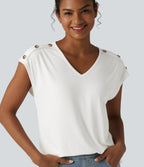 V Neck Decorative Button Cap Sleeve Relaxed Casual T-Shirt — White — view 1