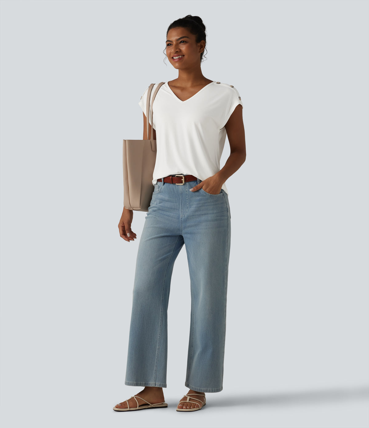 V Neck Decorative Button Cap Sleeve Relaxed Casual T-Shirt — White — view 7