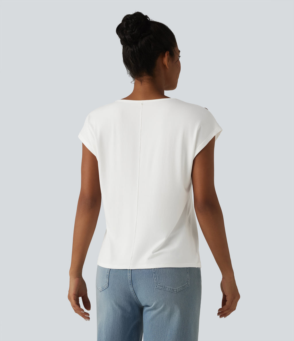 V Neck Decorative Button Cap Sleeve Relaxed Casual T-Shirt — White — view 2