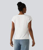 V Neck Decorative Button Cap Sleeve Relaxed Casual T-Shirt — White — view 2