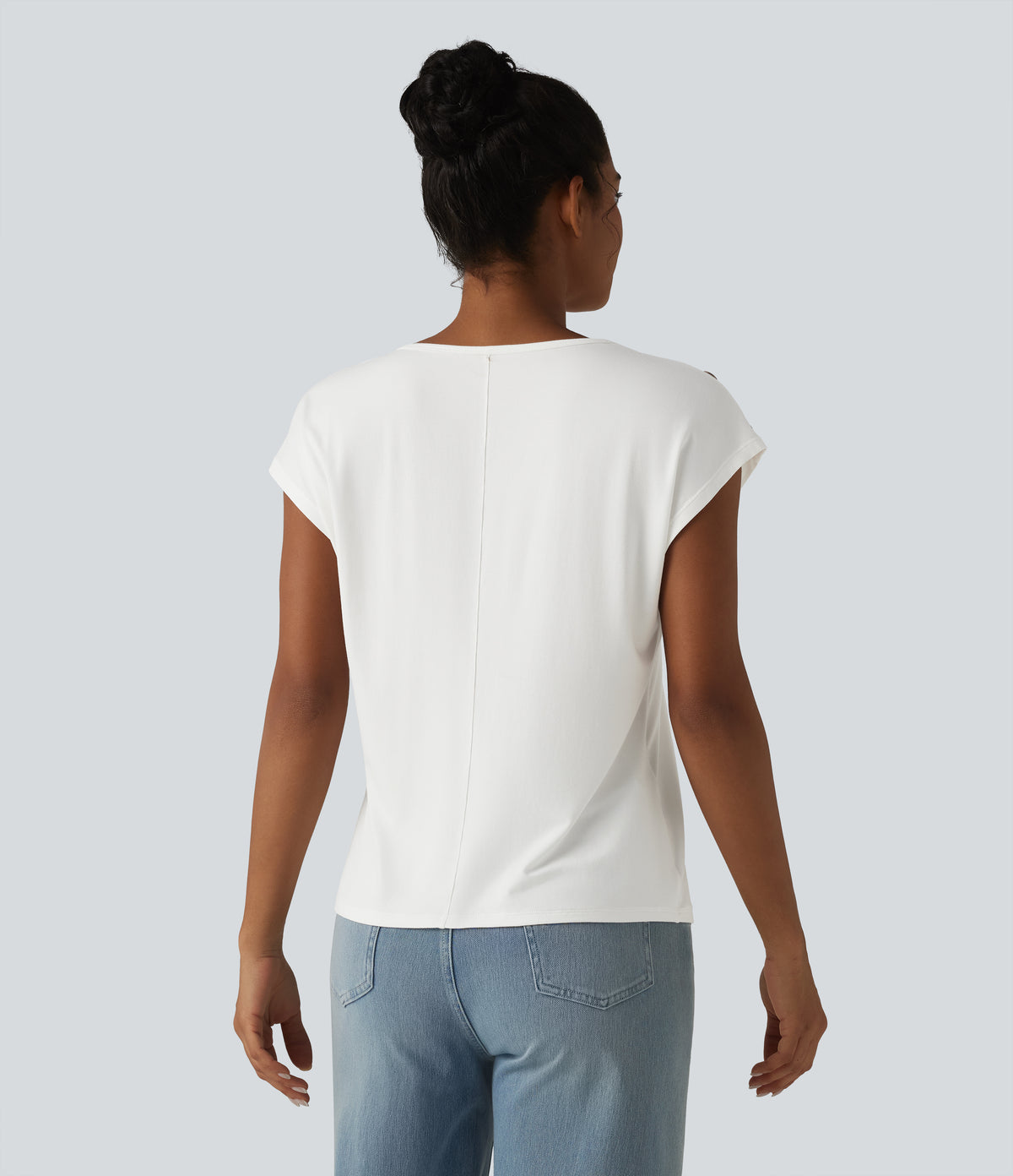 V Neck Decorative Button Cap Sleeve Relaxed Casual T-Shirt — White — view 2