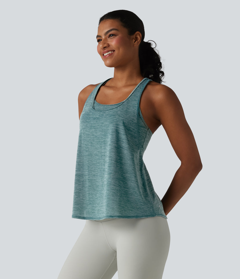 U Neck Built-in Bra Racerback Workout Tank Top — Green Texture — view 4