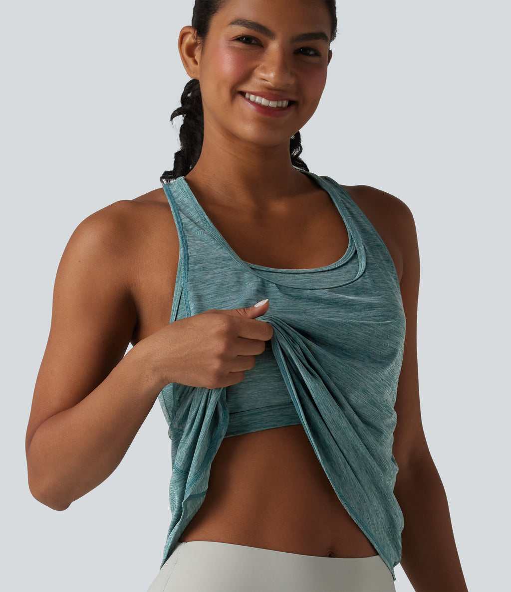 U Neck Built-in Bra Racerback Workout Tank Top — Green Texture — view 1