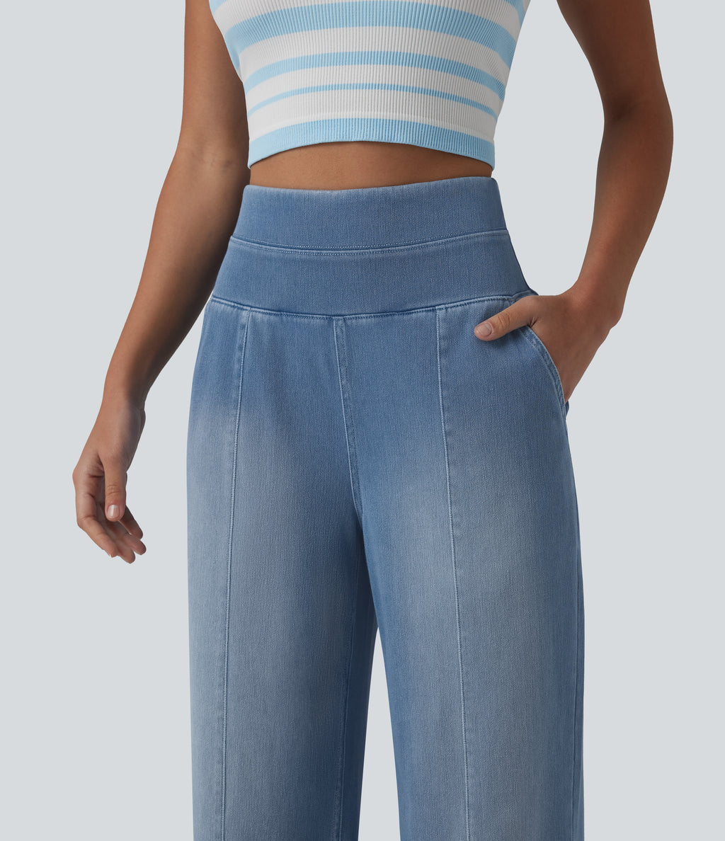 High Waisted Tummy Control Casual Baggy Jeans with Pockets — Powder Blue Denim — view 4