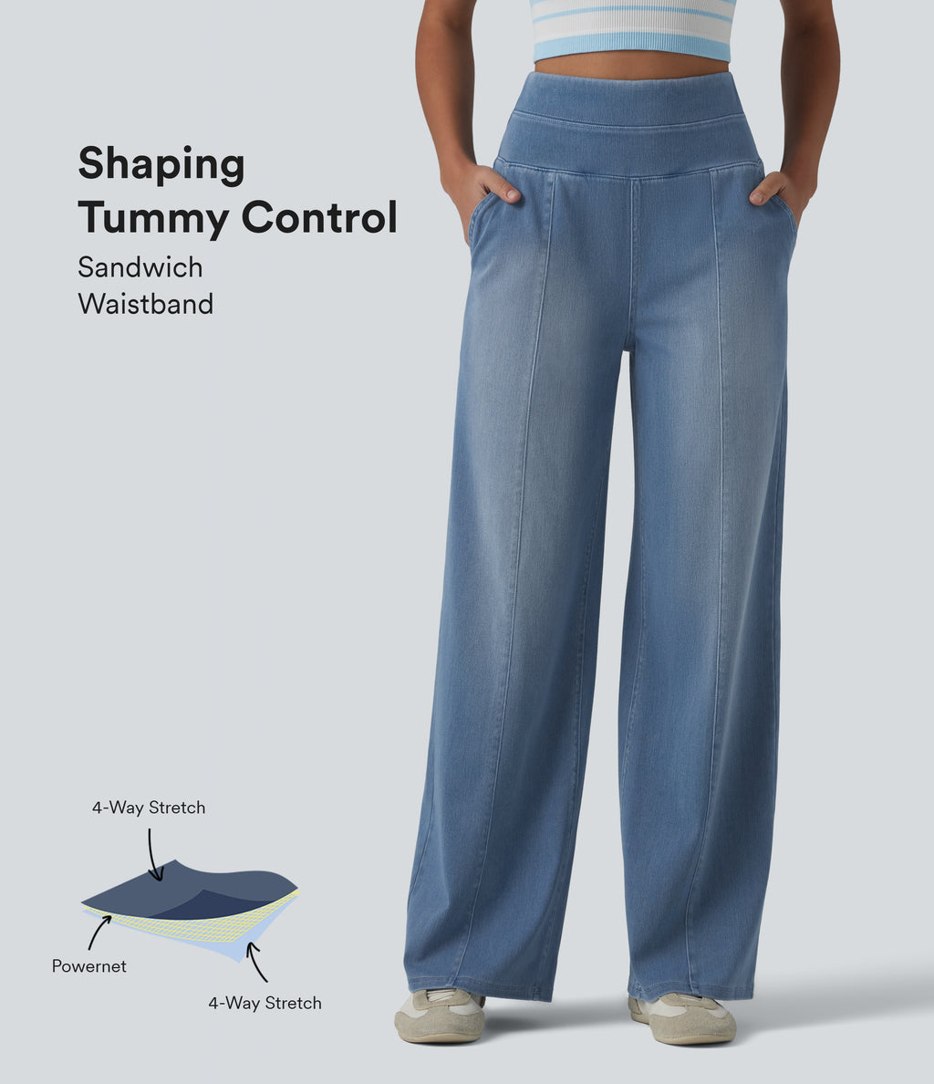 High Waisted Tummy Control Casual Baggy Jeans with Pockets — Powder Blue Denim — view 1