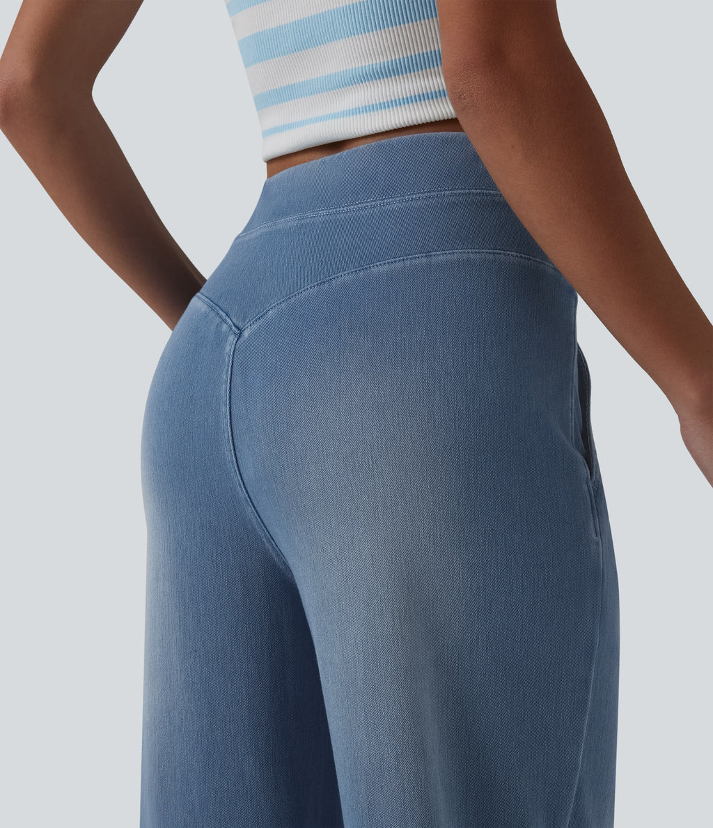 High Waisted Tummy Control Casual Baggy Jeans with Pockets — Powder Blue Denim — view 5