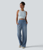 High Waisted Tummy Control Casual Baggy Jeans with Pockets — Powder Blue Denim — view 6