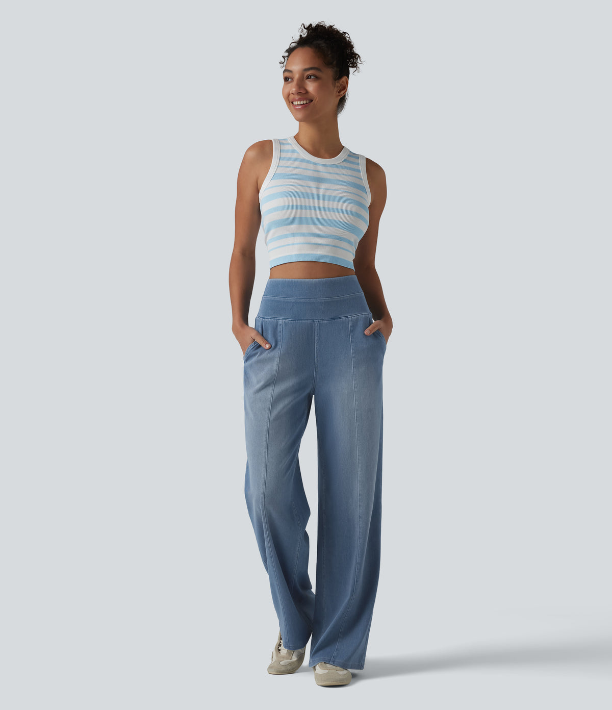 High Waisted Tummy Control Casual Baggy Jeans with Pockets — Powder Blue Denim — view 6