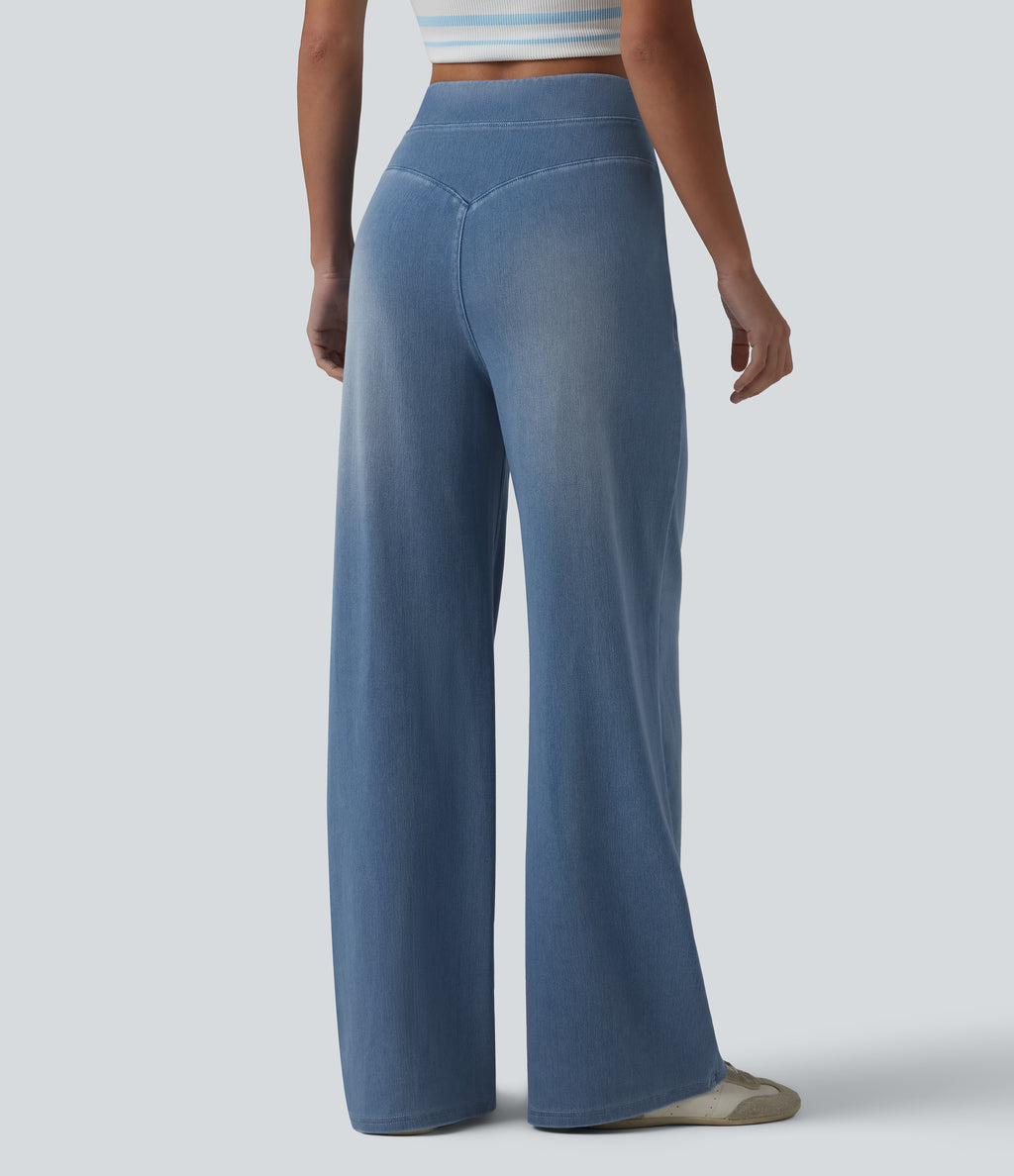 High Waisted Tummy Control Casual Baggy Jeans with Pockets — Powder Blue Denim — view 2