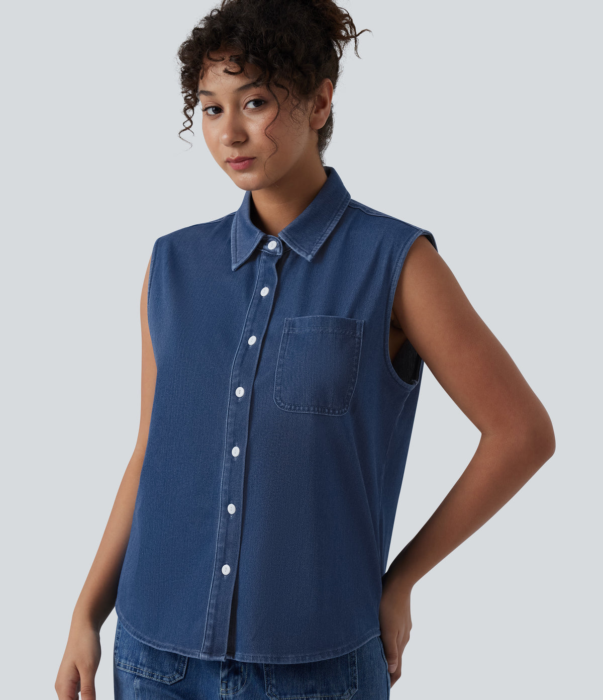 Sleeveless Denim Casual Shirt with Pocket — Estate Blue Denim — view 7