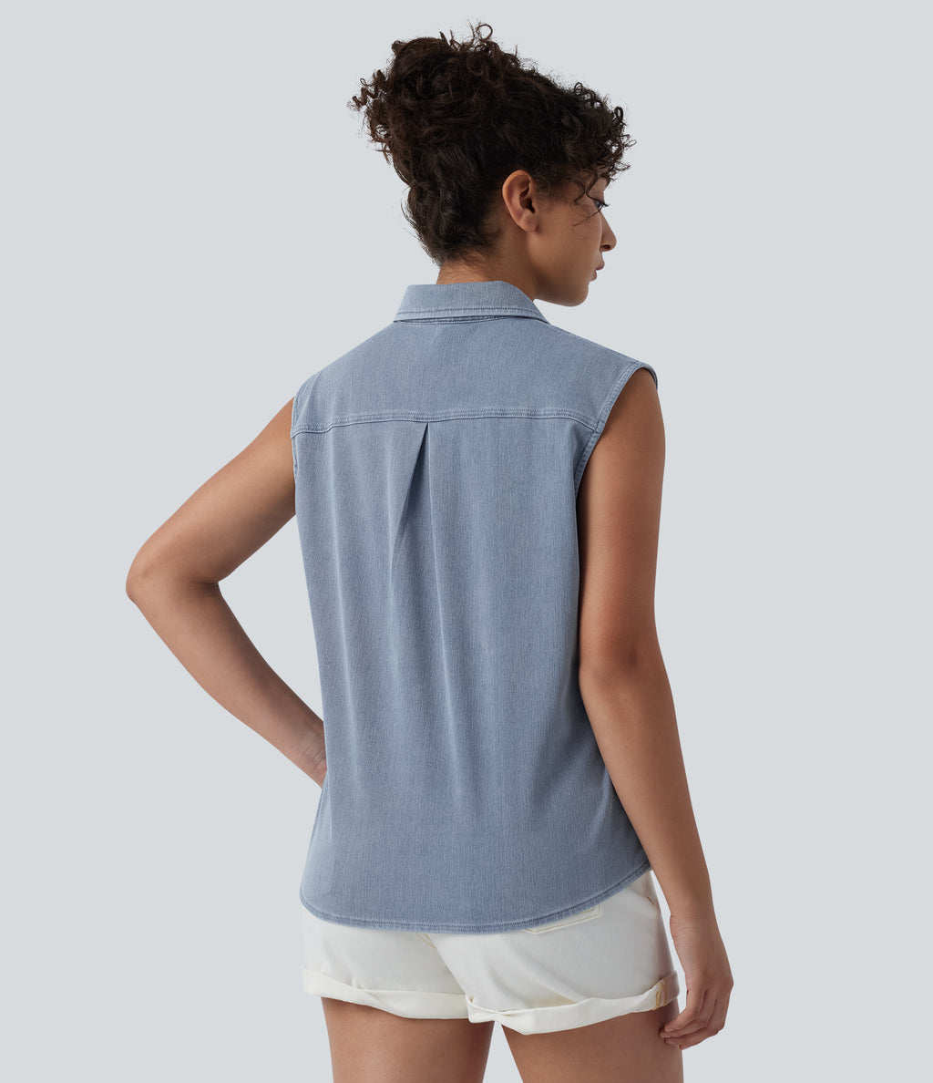 Sleeveless Denim Casual Shirt with Pocket — Malibu Blue Denim — view 2