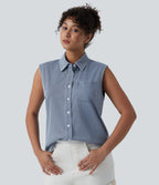 Sleeveless Denim Casual Shirt with Pocket — Malibu Blue Denim — view 3