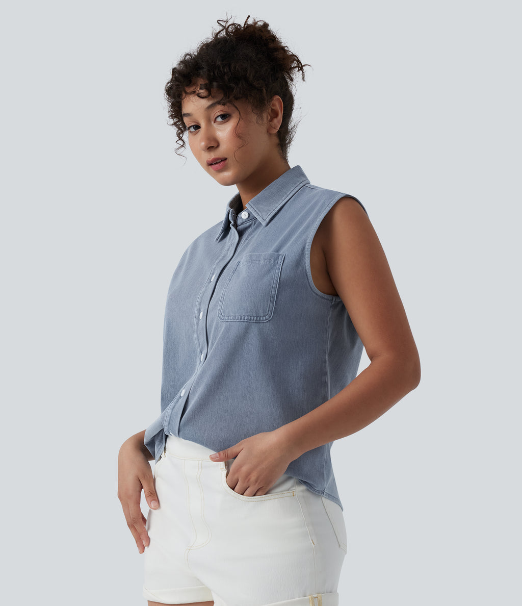 Sleeveless Denim Casual Shirt with Pocket — Malibu Blue Denim — view 4