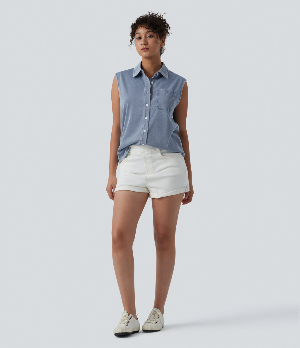 Sleeveless Denim Casual Shirt with Pocket — Malibu Blue Denim — view 6